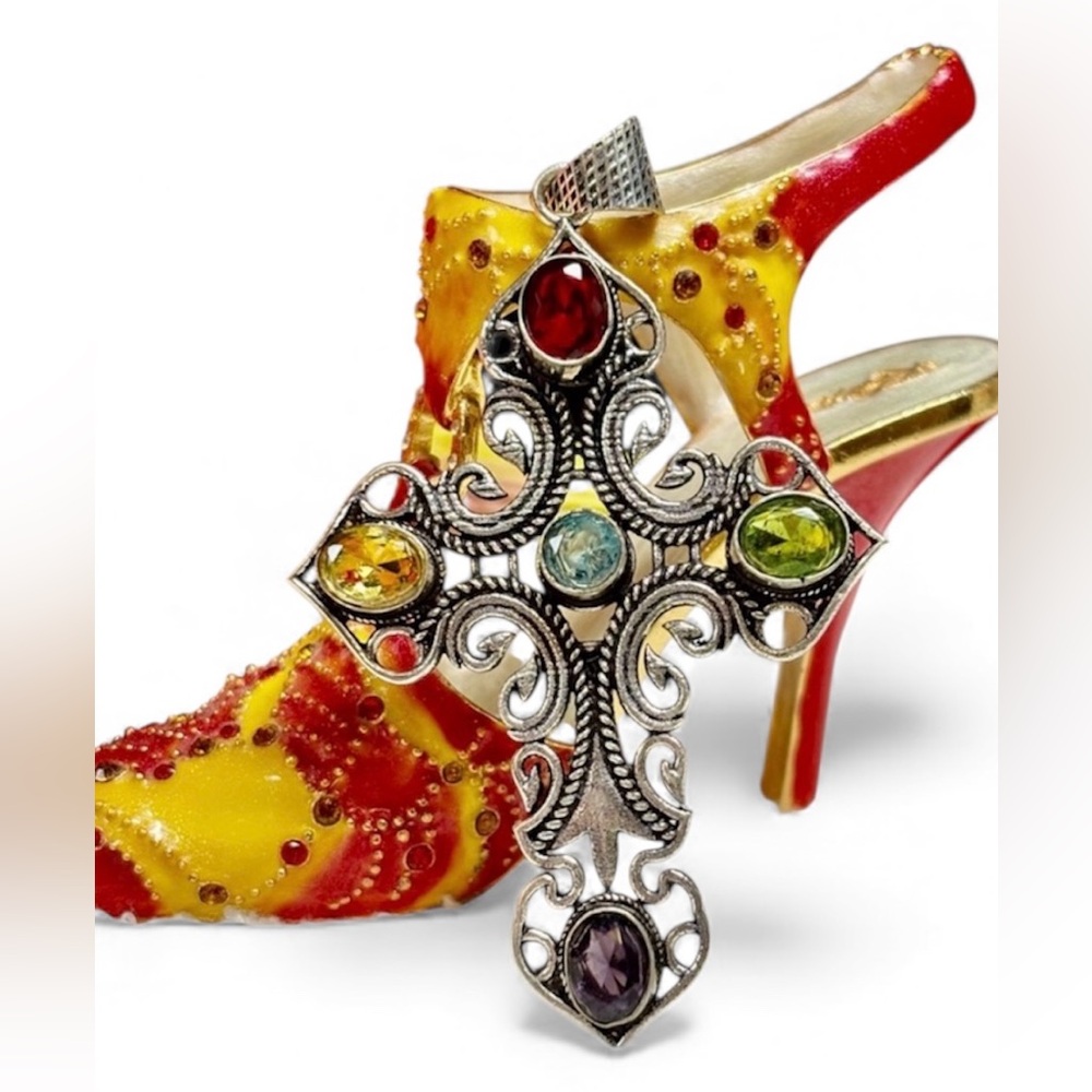 Elegant Silver Cross Pendant with Multicolor Gemstones